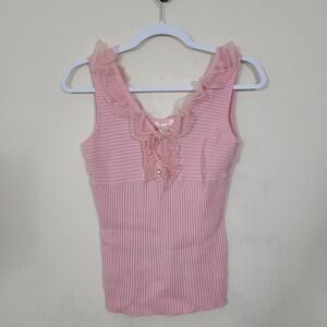 Pink Ruffle Ribbed Knit Womens M Tank Top Babydoll Coquette Girl Fairy‎ Y2K Twee
